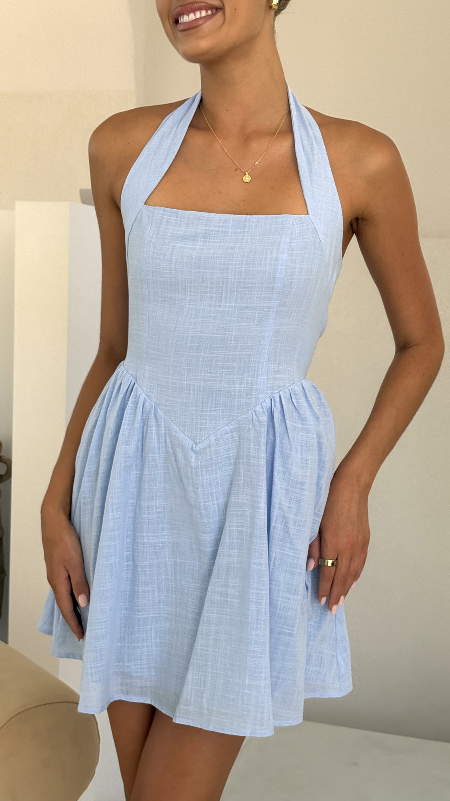 Azure Linen Halter Dress
