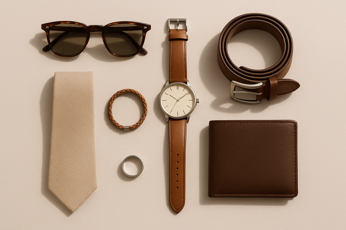 A minimal flat lay of men’s accessories on a soft neutral background such as beige, ivory, or light gray. Includes one pair of sunglasses, one wristwatch, one leather belt, one wallet, a tie, a bracelet, and a ring — all neatly spaced with a clean composition. Gentle natural lighting with soft shadows creates a refined, modern, luxurious look inspired by brands like Ralph Lauren and Brunello Cucinelli.