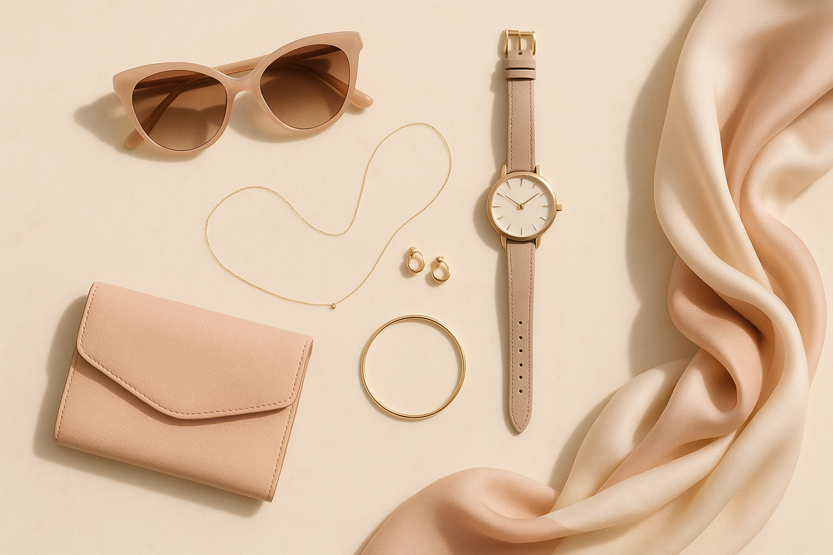 A minimal flat lay of women’s accessories on a light cream or marble surface with ample spacing. Includes one pair of sunglasses, one elegant watch, one wallet, a delicate necklace, a bracelet, a pair of earrings, and a silk scarf arranged with balance and airiness. Soft daylight and pastel tones give a feminine, graceful, high-end mood inspired by Dior, Celine, and Chloé.