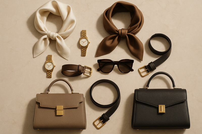 Luxury accessories layout — showcasing gold watches, leather belts, silk scarves, sunglasses, and handbags. Styled in a minimal Old Money aesthetic with beige or marble background. Soft natural lighting, premium textures, clean shadows.  Mood: refined, understated, classic wealth.