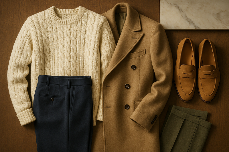 Old Money men’s fashion flatlay or editorial — showcasing elegant autumn/winter clothing such as knit sweaters, trench coats, tailored trousers, and loafers. Natural textures like wool, cashmere, and linen. Neutral tones (beige, cream, navy, olive). Soft lighting, marble or oak background, refined and minimal composition. Aesthetic: modern heritage, Ralph Lauren–inspired.