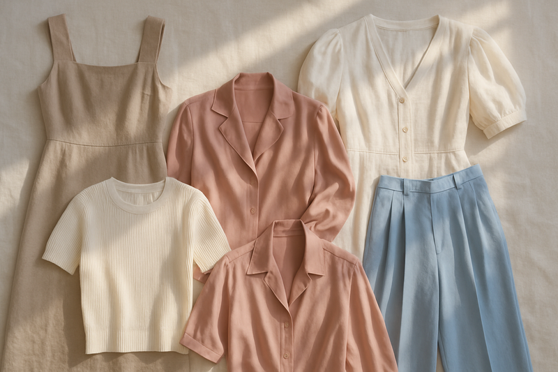 Old Money women’s fashion flatlay or lifestyle scene — featuring linen dresses, silk blouses, knit tops, and wide-leg trousers in light, airy tones (white, taupe, dusty rose, sky blue). Elegant, feminine, minimalist background (linen fabric or classic interior). Soft sunlight, natural shadows.  Mood: timeless, coastal luxury, effortless elegance.